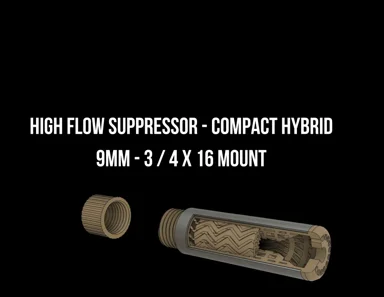 High-Flow Hybrid Suppressor. (Reinforced with Steel tubing - flow through design.) 9mm - 3/4 x 16 mount v1.01